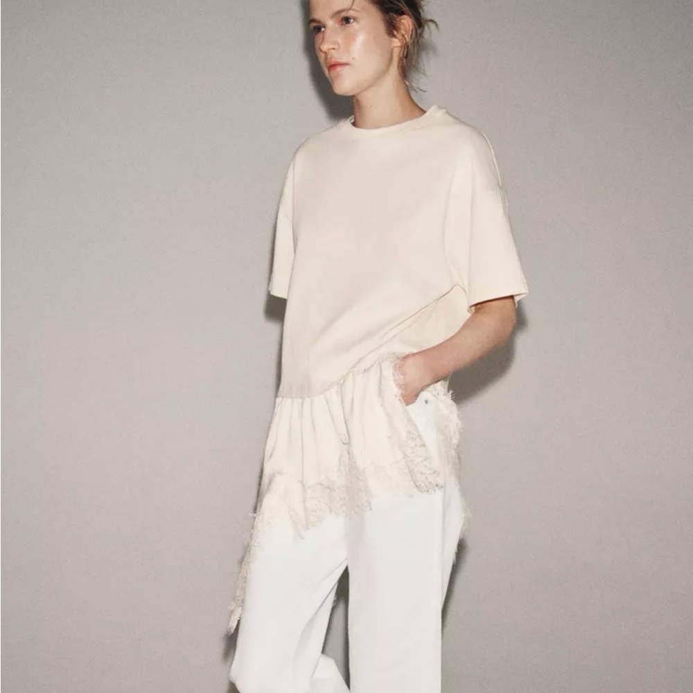 Zara Cream Lace-Hem Short Sleeve Top Combination T-Shirt Size Small NWT